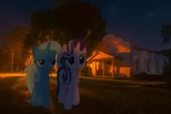 Size: 735x490 | Tagged: safe, derpibooru import, starlight glimmer, trixie, g4, image, irl, night, outdoors, photo, png, walking