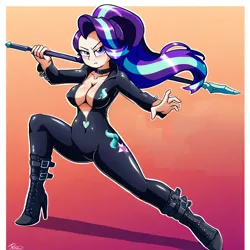 Size: 1024x1024 | Tagged: suggestive, ai content, derpibooru import, machine learning generated, novelai, prompter:shojin, stable diffusion, starlight glimmer, human, equestria girls, g4, absolute cleavage, boots, breasts, cleavage, clothes, female, fit, high heel boots, high heels, image, leather, martial arts, png, shoes, skintight clothes, slender, staff, thin, weapon