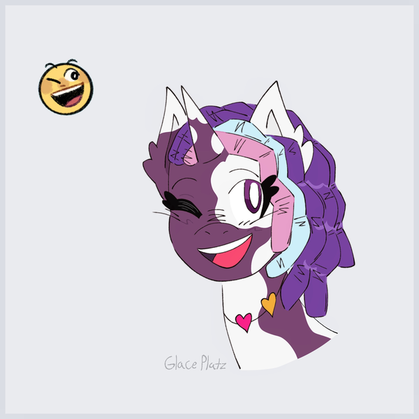 Size: 2048x2048 | Tagged: safe, artist:glaceplatz, derpibooru import, violette rainbow, pony, unicorn, g5, bust, dreadlocks, emotion, female, filly, foal, horn, image, jewelry, necklace, one eye closed, open mouth, open smile, png, portrait, signature, simple background, smiling, solo, vitiligo, white background, wink