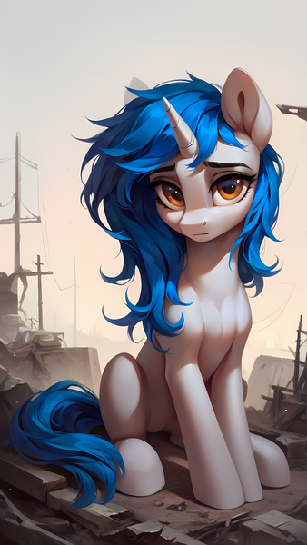 Size: 2880x5120 | Tagged: grimdark, ai content, derpibooru import, machine learning generated, oc, oc:homage, unicorn, fallout equestria, blue mane, blue tail, horn, image, orange eyes, png, power line, solo, tail