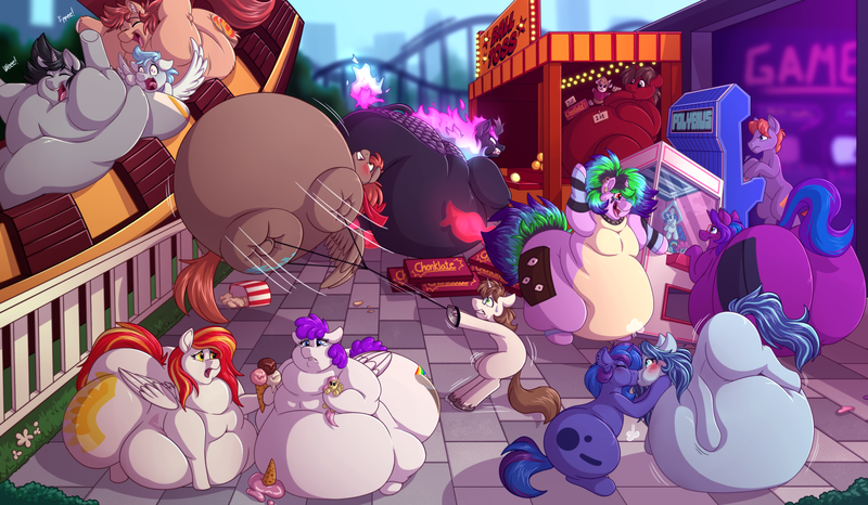 Size: 8000x4655 | Tagged: questionable, artist:sugaryviolet, derpibooru import, oc, oc:blitz tale, oc:blue monday, oc:crimson rune, oc:file folder, oc:greyline, oc:midnight blossom, oc:scribble script, oc:tai, oc:winterlight, unofficial characters only, earth pony, pegasus, unicorn, amusement park, complex background, earth pony oc, fat, floating, food, group, horn, ice cream, image, inflation, kiss inflation, kissing, morbidly obese, obese, panic, pegasus oc, png, unicorn oc, wings