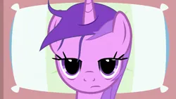 Size: 1177x662 | Tagged: safe, derpibooru import, amethyst star, pony, unicorn, g4, 2014, a day in ponyville, artifact, bed, bed mane, female, horn, image, lidded eyes, mare, messy mane, old art, pillow, png, pony unicorn, solo