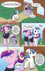 Size: 2400x3800 | Tagged: safe, artist:single purpose, derpibooru import, princess cadance, shining armor, twilight sparkle, pony, unicorn, comic:game night, g4, bow, comic, eyes closed, female, filly, filly twilight sparkle, foal, horn, image, png, seduction, tail, tail seduce, teen princess cadance, younger