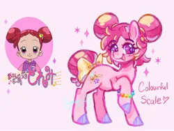 Size: 2048x1536 | Tagged: safe, artist:sonira24, derpibooru import, ponified, earth pony, pony, :d, anime, bead bracelet, blushing, bow, doremi harukaze, double buns, female, filly, foal, full body, heart, heart eyes, image, jpeg, ojamajo doremi, open mouth, open smile, pink background, raised hoof, reference used, simple background, smiling, solo, sparkles, tail, tail bow, text, wingding eyes