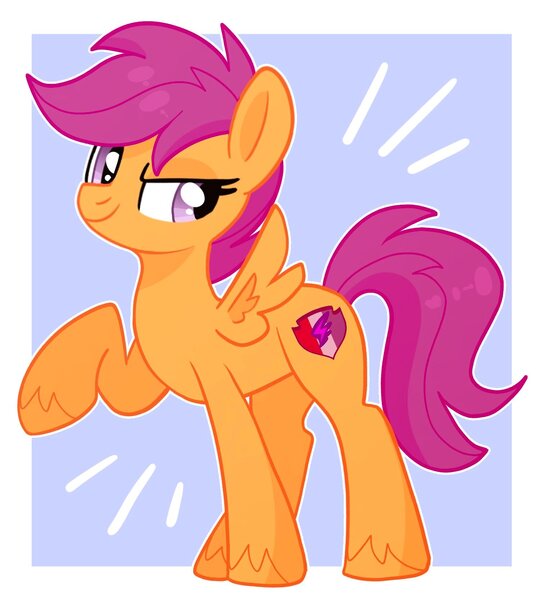 Size: 1503x1668 | Tagged: safe, artist:cinnamontee, derpibooru import, scootaloo, pegasus, pony, g4, female, image, jpeg, looking back, passepartout, raised hoof, simple background, solo, spread wings, unshorn fetlocks, wings