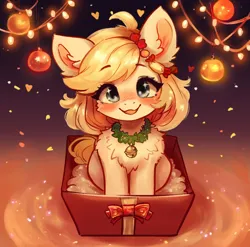 Size: 2581x2551 | Tagged: safe, artist:polnocnykot, derpibooru import, oc, unofficial characters only, earth pony, pony, auction, auction open, bell, bell collar, blushing, bow, box, candy, cheek fluff, chest fluff, christmas, christmas lights, christmas presents, christmas wreath, collar, commission, confetti, cute, detailed, ear fluff, female, fluffy, food, garland, heart, holiday, image, jpeg, looking at you, looking up, looking up at you, open mouth, open smile, overhead view, package, pony in a box, present, shoulder fluff, sitting, smiling, smiling at you, solo, wreath, ych example, your character here