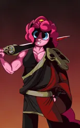 Size: 2260x3628 | Tagged: safe, artist:aaronmk, derpibooru import, pinkie pie, alligator, anthro, clothes, hades, image, png, skull, smiling, sword, toga, weapon