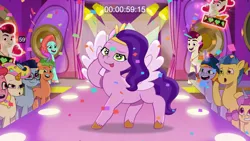 Size: 1920x1080 | Tagged: safe, derpibooru import, screencap, pipp petals, rocky riff, g5, my little pony: tell your tale, leak, catwalk, confetti, got to trot, image, jazz hooves, looking at you, mane melody (location), png, silly face, starry eyes, timer, tongue out, wingding eyes