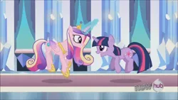 Size: 1280x720 | Tagged: safe, derpibooru import, princess cadance, twilight sparkle, alicorn, unicorn, g4, the crystal empire, female, hub logo, image, jpeg, logo, my little pony, sunshine sunshine, the hub, unicorn twilight