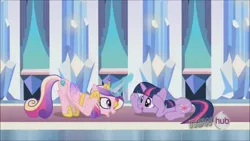 Size: 1280x720 | Tagged: safe, derpibooru import, princess cadance, twilight sparkle, alicorn, unicorn, g4, the crystal empire, female, hub logo, image, jpeg, logo, my little pony, sunshine sunshine, the hub, unicorn twilight