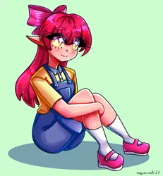 Size: 1851x2000 | Tagged: safe, artist:aquaarts, derpibooru import, apple bloom, human, g4, bow, clothes, elf ears, green background, hair bow, humanized, image, jpeg, looking at you, overalls, shadow, shoes, short sleeves, simple background, sitting, smiling, smiling at you, socks, solo