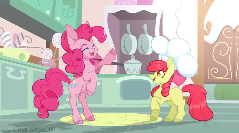 Size: 1160x648 | Tagged: safe, artist:critterflash, derpibooru import, apple bloom, pinkie pie, earth pony, pony, g4, :d, bipedal, bow, chef's hat, eyes closed, female, filly, foal, full body, hair bow, hat, image, jpeg, kitchen, mare, open mouth, open smile, raised hoof, smiling, text