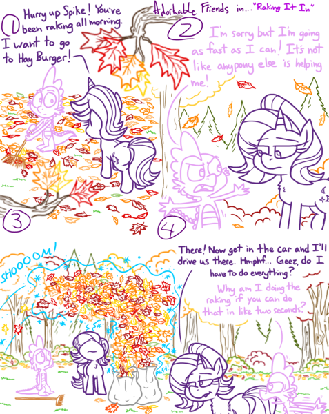 Size: 4779x6013 | Tagged: safe, artist:adorkabletwilightandfriends, derpibooru import, spike, starlight glimmer, comic:adorkable twilight and friends, g4, adorkable, adorkable friends, angry, autumn, autumn leaves, blurry, blurry background, butt, colorful, comic, cute, dork, falling leaves, forest, glimmer glutes, high angle, image, leaf, leaves, nature, outdoors, perspective, plot, png, rake, raking, sad, scenery, slice of life, teasing, tree, upset