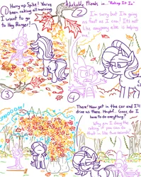 Size: 4779x6013 | Tagged: safe, artist:adorkabletwilightandfriends, derpibooru import, spike, starlight glimmer, comic:adorkable twilight and friends, g4, adorkable, adorkable friends, angry, autumn, autumn leaves, blurry, blurry background, butt, colorful, comic, cute, dork, falling leaves, forest, glimmer glutes, high angle, image, leaf, leaves, nature, outdoors, perspective, plot, png, rake, raking, sad, scenery, slice of life, teasing, tree, upset