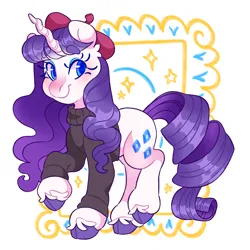 Size: 2048x2045 | Tagged: safe, artist:cocopudu, derpibooru import, rarity, pony, unicorn, g4, alternate hairstyle, bangs, beatnik rarity, beret, blue eyelashes, blue eyeshadow, blue pupils, clothes, cloven hooves, colored eyebrows, colored eyelashes, colored hooves, colored pupils, eyebrows, eyebrows visible through hair, eyeshadow, female, gradient mane, gradient tail, hat, head fluff, high res, hooves, horn, image, long mane, looking back, makeup, mare, nose blush, png, purple hooves, raised hoof, raised leg, ringlets, shiny mane, shiny tail, smiling, solo, standing on two hooves, sweater, tail, three quarter view, turtleneck, turtleneck sweater, twisted horn, unshorn fetlocks, watermark