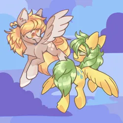 Size: 3000x3000 | Tagged: safe, artist:pastacrylic, derpibooru import, derpy hooves, sunshower raindrops, pegasus, pony, g4, alternate design, background pony, chest fluff, colored fetlocks, colored wings, ear fluff, female, flying, frown, image, lidded eyes, mare, png, sky, smiling, smirk, spread wings, two toned wings, wings