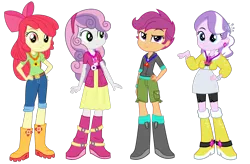 Size: 1632x1073 | Tagged: safe, artist:masem, artist:sketchmcreations, artist:starryshineviolet, derpibooru import, editor:jbrony, apple bloom, diamond tiara, scootaloo, sweetie belle, human, best in show: the pre-show, equestria girls, g4, spoiler:eqg series (season 2), 2014, belt, boots, bow, clothes, cute, diasweetes, dragon tales, dreamworks face, ear piercing, earring, eqg promo pose set, eyebrows, female, hair bow, hand on hip, high heel boots, hoodie, image, jacket, jewelry, looking at you, modesty, my little pony equestria girls: better together, my little pony equestria girls: rainbow rocks, necklace, pants, piercing, png, raised eyebrow, shirt, shoes, short pants, shorts, simple background, smiling, smiling at you, smirk, standing, t-shirt, transparent background, vector