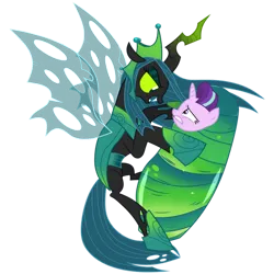 Size: 894x894 | Tagged: artist needed, source needed, safe, derpibooru import, queen chrysalis, starlight glimmer, changeling, changeling queen, pony, unicorn, g4, the ending of the end, carrying, cocoon, duo, duo female, female, flying, horn, image, my little pony, png, simple background, transparent background, trapped, ultimate chrysalis