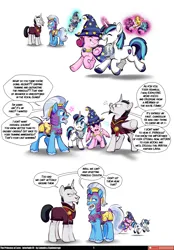 Size: 3168x4558 | Tagged: safe, artist:caninecrypt, artist:lummh, derpibooru import, adagio dazzle, aria blaze, chancellor neighsay, princess cadance, shining armor, sonata dusk, star swirl the bearded, oc, alicorn, pony, siren, unicorn, comic:the princess of love, g4, clothes, comic, cosplay, costume, doll, emanata, female, horn, image, levitation, magic, male, mare, png, royal guard, speech bubble, stallion, teen princess cadance, teenage shining armor, teenager, telekinesis, the dazzlings, toy, younger