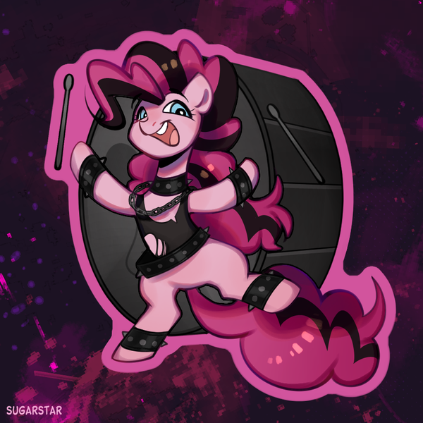 Size: 850x850 | Tagged: safe, artist:sugarstar, derpibooru import, pinkie pie, earth pony, pony, chains, clothes, collar, drums, drumsticks, goth, image, musical instrument, open mouth, open smile, png, smiling, solo