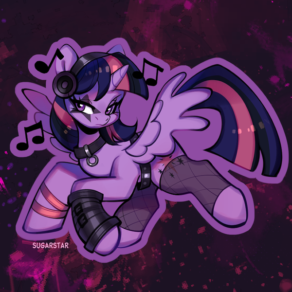 Size: 905x905 | Tagged: safe, artist:sugarstar, derpibooru import, twilight sparkle, twilight sparkle (alicorn), alicorn, pony, collar, female, goth, headphones, horn, image, mare, note, png, solo, spread wings, wings