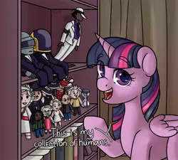 Size: 3000x2700 | Tagged: safe, artist:xwosya, derpibooru import, twilight sparkle, twilight sparkle (alicorn), alicorn, human, g4, albert einstein, bob marley, book, bookshelf, charlie chaplin, collection, colonel sanders, daft punk, figure, hourglass, image, jpeg, kfc, looking at you, marilyn monroe, michael jackson, queen elizabeth ii, raised hoof, shelf, solo, steve jobs