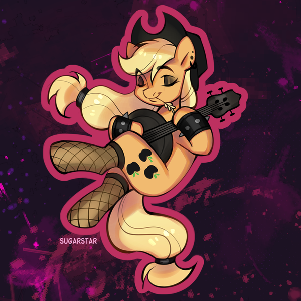 Size: 905x905 | Tagged: safe, artist:sugarstar, derpibooru import, applejack, earth pony, pony, banjo, clothes, ear piercing, eyes closed, eyeshadow, fishnet clothing, fishnets, goth, hat, image, makeup, musical instrument, piercing, playing instrument, png, socks, solo, stockings, thigh highs