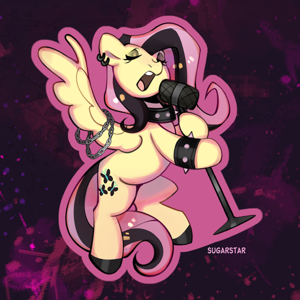 Size: 880x880 | Tagged: safe, artist:sugarstar, derpibooru import, fluttershy, pegasus, pony, bracelet, chains, choker, collar, ear piercing, emoshy, eyes closed, eyeshadow, female, fluttergoth, goth, image, makeup, microphone, open mouth, piercing, png, singing, solo, spiked choker, spiked wristband, spread wings, wings, wristband