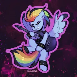 Size: 880x880 | Tagged: safe, artist:sugarstar, derpibooru import, rainbow dash, pegasus, pony, clothes, eyes closed, female, goth, guitar, image, mare, musical instrument, playing instrument, png, solo, spread wings, wings