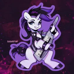 Size: 800x800 | Tagged: safe, artist:sugarstar, derpibooru import, rarity, pony, unicorn, clothes, eyeshadow, goth, horn, image, keytar, makeup, musical instrument, png, smiling, solo