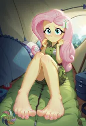 Size: 2496x3648 | Tagged: safe, ai content, derpibooru import, generator:civitai, machine learning generated, prompter:trux23, fluttershy, human, equestria girls, g4, breasts, camping, clothes, feet, female, image, jpeg, shy, solo, toes