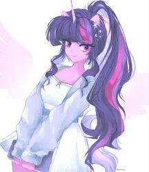 Size: 1776x2048 | Tagged: safe, artist:petaltwinkle, derpibooru import, twilight sparkle, anthro, g4, clothes, horn, horned anthro, image, jpeg, looking at you, ponytail, winged anthro, wings