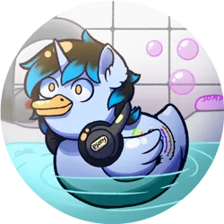 Size: 636x636 | Tagged: safe, artist:morrigun, derpibooru import, oc, oc:palette beat, unofficial characters only, bird, duck, pony, unicorn, bathtub, blue coat, commission, headphones, horn, image, male, orange eyes, png, signature, soap, solo, stallion, tap, ych result, your character here, your charecter here