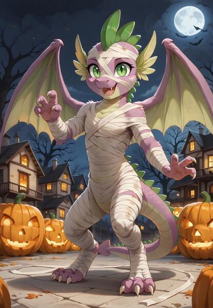 Size: 800x1160 | Tagged: safe, ai content, derpibooru import, machine learning generated, prompter:gregorymars, stable diffusion, spike, dragon, semi-anthro, undead, g4, bipedal, clothes, costume, dragon wings, generator:pony diffusion v6 xl, halloween, halloween costume, holiday, image, jack-o-lantern, jpeg, male, moon, mummy, mummy costume, older, older spike, outdoors, pumpkin, solo, standing, teenage spike, teenaged dragon, teenager, wings