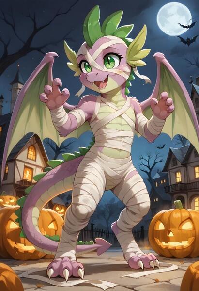 Size: 800x1169 | Tagged: safe, ai content, derpibooru import, machine learning generated, prompter:gregorymars, stable diffusion, spike, dragon, semi-anthro, undead, g4, bipedal, clothes, costume, dragon wings, generator:pony diffusion v6 xl, halloween, halloween costume, holiday, image, jack-o-lantern, jpeg, male, moon, mummy, mummy costume, older, older spike, outdoors, pumpkin, solo, standing, teenage spike, teenaged dragon, teenager, wings