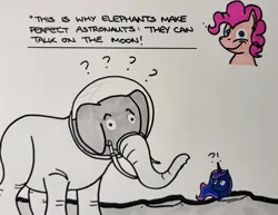 Size: 2047x1578 | Tagged: safe, artist:hoofclid, derpibooru import, pinkie pie, princess luna, alicorn, earth pony, elephant, pony, g4, exclamation point, image, interrobang, jpeg, looking at you, marker drawing, moon, question mark, smiling, smiling at you, spacesuit, traditional art