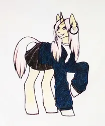 Size: 1802x2160 | Tagged: oc name needed, safe, artist:jehr, derpibooru import, oc, ponified, unofficial characters only, pony, unicorn, circle, clothes, coat, ear fluff, ear piercing, earring, female, gift art, horn, image, jewelry, jpeg, long legs, looking at you, mare, piercing, raised hoof, simple background, skirt, smiling, smiling at you, solo, standing, straight hair, straight mane, straight tail, sweater, teeth, traditional art, white background