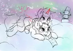 Size: 1280x889 | Tagged: safe, artist:kristina, derpibooru import, oc, alicorn, earth pony, pegasus, pony, unicorn, commission, couple, duo, horn, hug, image, jpeg, snow, ych example, your character here