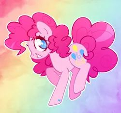 Size: 1500x1400 | Tagged: safe, artist:vivian reed, derpibooru import, pinkie pie, earth pony, pony, g4, female, grin, heart, heart eyes, image, jpeg, looking at you, mare, no pupils, outline, rainbow background, smiling, smiling at you, solo, standing on two hooves, white outline, wingding eyes