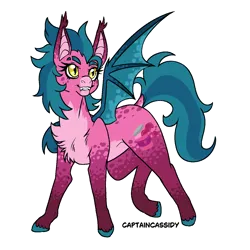 Size: 1300x1300 | Tagged: safe, artist:captaincassidy, derpibooru import, oc, oc:raspberry jam, unofficial characters only, bat pony, bat pony oc, bat wings, ear tufts, eyebrow slit, eyebrows, hooves, image, nonbinary oc, pink coat, png, simple background, splotches, spots, spotted, teal mane, transparent background, wings, yellow eyes