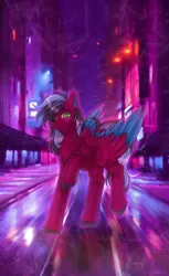 Size: 1536x2508 | Tagged: safe, artist:rena, derpibooru import, oc, oc:razzmatazz gleam, unofficial characters only, hybrid, pony, city, female, image, mare, neon, pegabat, png, solo