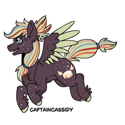 Size: 1300x1300 | Tagged: safe, artist:captaincassidy, derpibooru import, oc, oc:pepperjack, unofficial characters only, pegasus, :d, blue eyes, brown coat, butt freckles, cheese, chest fluff, colored wings, feathered ears, feathered fetlocks, feathered wings, female, flying, food, freckles, image, multicolored wings, open mouth, open smile, pegasus oc, png, ponytail, simple background, smiling, solo, speckled, striped mane, transparent background, wings