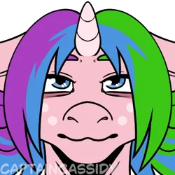 Size: 400x400 | Tagged: safe, artist:captaincassidy, derpibooru import, oc, oc:rainy shine, unofficial characters only, unicorn, bags under eyes, blue eyes, character:gluttonace, floppy ears, freckles, horn, icon, image, looking at you, multicolored mane, narrowed eyes, pink coat, png, simple background, transparent background, unicorn oc