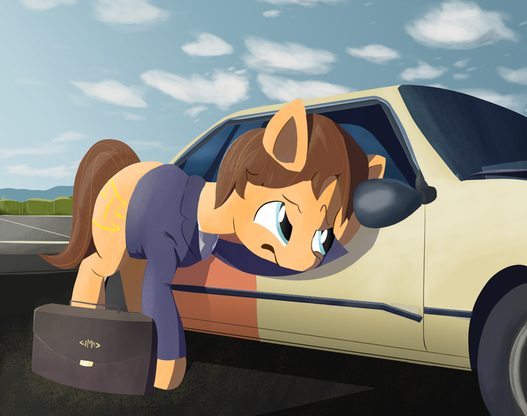 Size: 2136x1683 | Tagged: safe, artist:caralowhigh, derpibooru import, earth pony, better call saul, briefcase, car, cloud, day, image, lawyer, png, saulgoodmare, solo