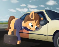 Size: 2136x1683 | Tagged: safe, artist:caralowhigh, derpibooru import, earth pony, better call saul, briefcase, car, cloud, day, image, lawyer, png, saulgoodmare, solo