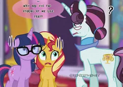 Size: 1152x821 | Tagged: safe, artist:tantann_7, derpibooru import, principal abacus cinch, sci-twi, sunset shimmer, twilight sparkle, ponified, pony, unicorn, equestria girls, g4, confused, equestria girls ponified, female, glasses, horn, image, mare, nervous, png, shocked, solo, speech bubble, text, unicorn abacus cinch, unicorn sci-twi