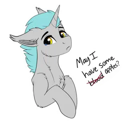 Size: 2699x2678 | Tagged: safe, artist:decemberbreeze, derpibooru import, oc, oc:lunar signal, bat pony, bat pony unicorn, hybrid, unicorn, bat pony oc, bat wings, begging, big eyes, blue mane, chest fluff, commission, crying, cute, cute little fangs, ear fluff, fangs, floppy ears, gray coat, horn, image, implied apples, implied blood, implied food, implied vampirism, looking at you, png, simple background, text, transparent background, unicorn oc, wings, ych result, yellow eyes