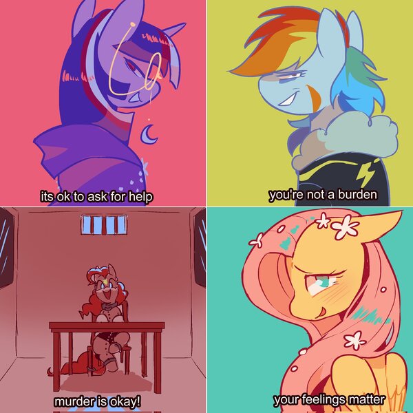 Size: 2048x2048 | Tagged: safe, artist:piesinful, derpibooru import, fluttershy, pinkie pie, rainbow dash, twilight sparkle, earth pony, pegasus, pony, unicorn, comic:unlucky day, fanfic:cupcakes, g4, female, floppy ears, flower, flower in hair, glasses, horn, image, jpeg, mare, no pupils, one of these things is not like the others, round glasses, scar, shackles, talking to viewer, unicorn twilight