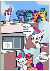 Size: 1131x1600 | Tagged: safe, artist:delilah1_riley, derpibooru import, hitch trailblazer, izzy moonbow, sparky sparkeroni, sunny starscout, zipp storm, dragon, earth pony, pegasus, pony, unicorn, comic:pipp the poltergeist, fanfic:pipp the poltergeist, g5, my little pony: tell your tale, baby, baby dragon, cheek squish, cheek to cheek, comic, commission, dialogue, fanfic art, female, horn, image, implied pipp petals, indoors, internet, jpeg, male, mane stripe sunny, mare, maretime bay, misty brightdawn, mobile phone, nuzzling, outdoors, phone, smartphone, squishy cheeks, stallion, where'd it go