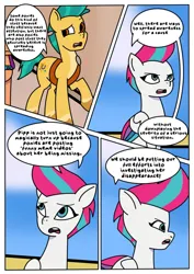 Size: 1131x1600 | Tagged: safe, artist:delilah1_riley, derpibooru import, hitch trailblazer, sunny starscout, zipp storm, earth pony, pegasus, pony, comic:pipp the poltergeist, fanfic:pipp the poltergeist, g5, my little pony: tell your tale, comic, commission, dialogue, duo focus, fanfic art, female, image, implied pipp petals, indoors, jpeg, male, mare, maretime bay, offscreen character, outdoors, stallion, trio